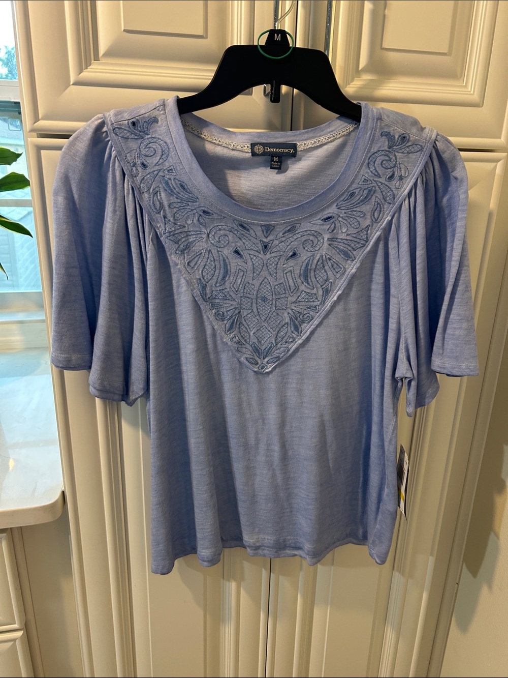 Democracy Lavender Embroidered Scoop Neck Short Sleeve Top